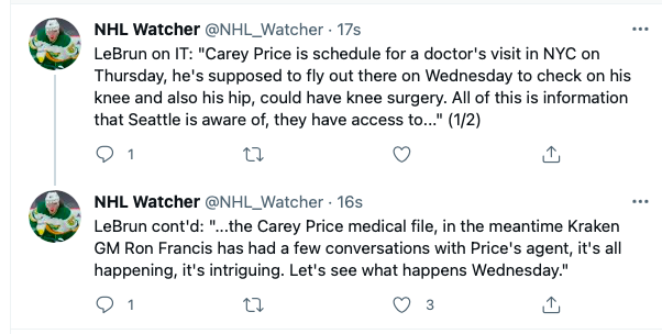 Carey Price voir le docteur jeudi, Ron Francis parle à son agent!!