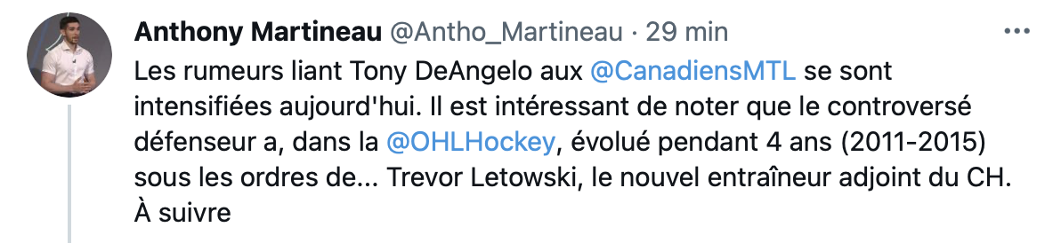 Anthony DeAngelo se rapprocherait de Montréal...