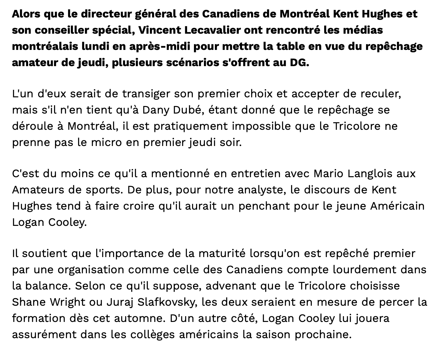 Dany Dubé envoie Logan Cooley à Montréal!!!!