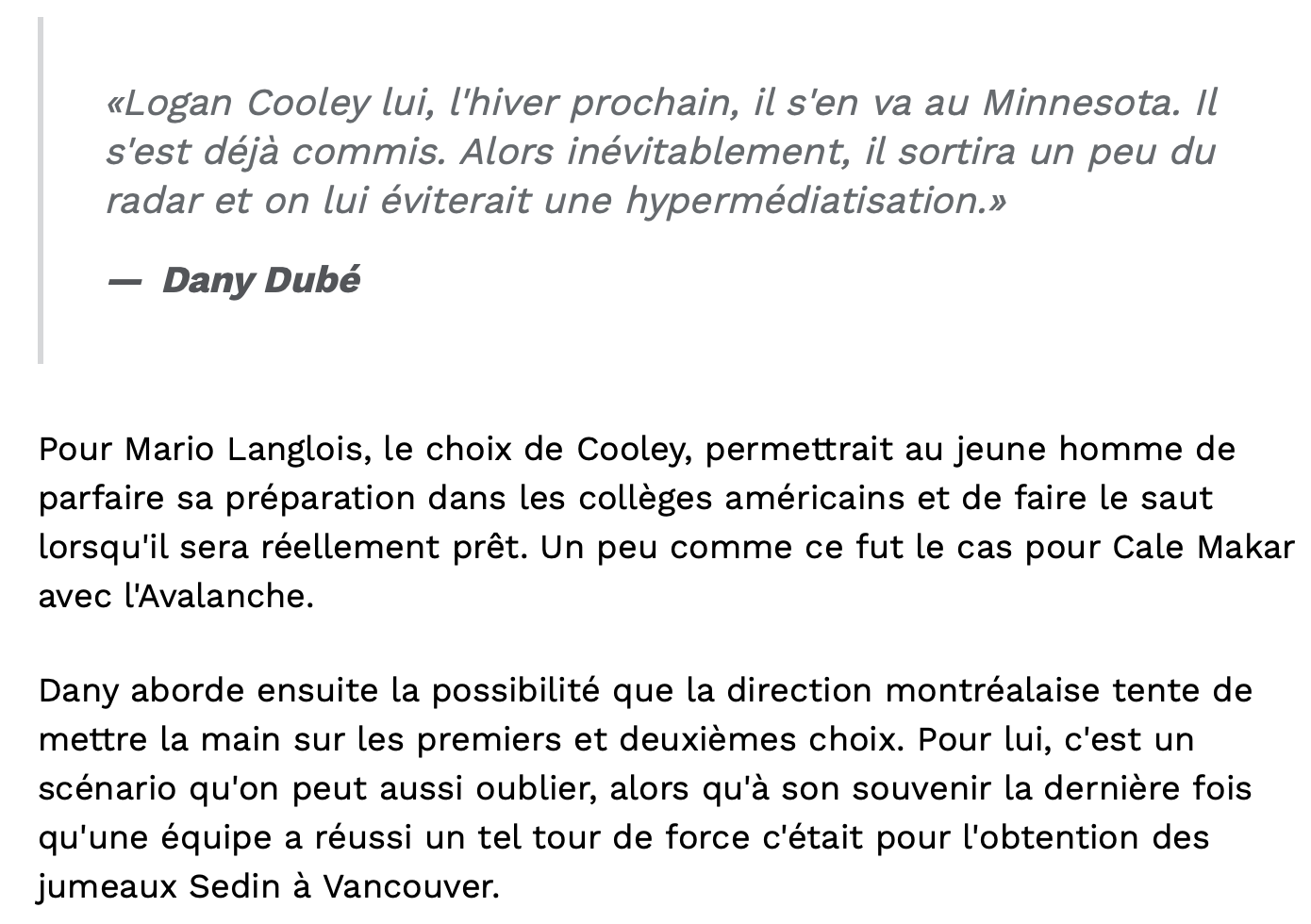 Dany Dubé envoie Logan Cooley à Montréal!!!!