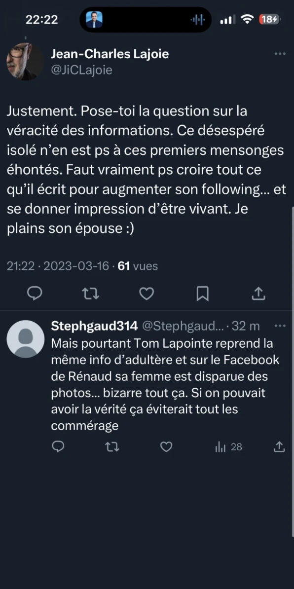 Jean-Charles Lajoie se porte à la Défense de Renaud Lavoie en parlant de la femme de Michel Villeneuve